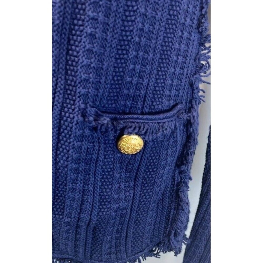 Alashan Cotton Cashmere Cardigan Small Sapphire Blue Fringe Boho Hook Eye - Picture 6 of 13